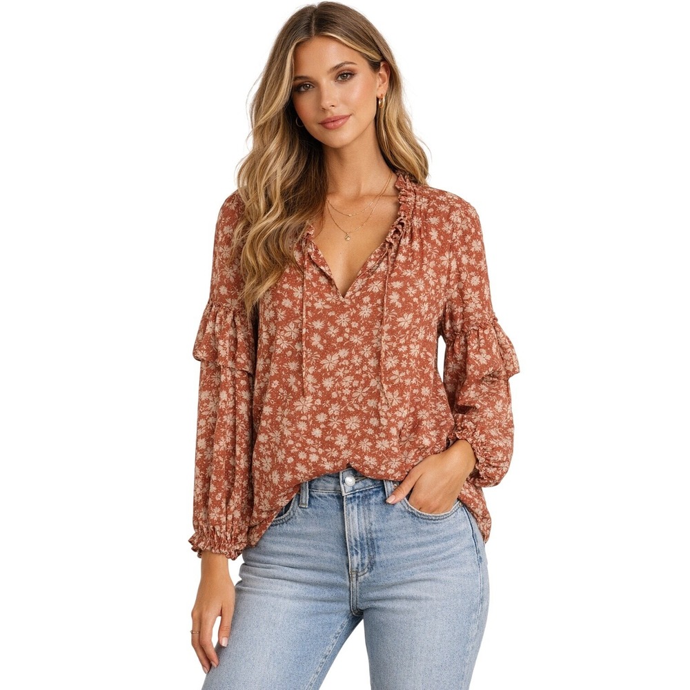Black Tape Dusty Red Floral Clip‎ Dot Ruffle Blouse 1X Boho Long Sleeve Top NEW